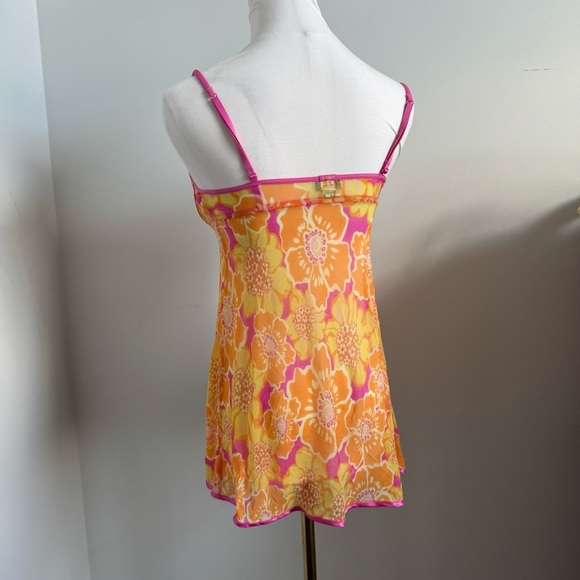Y2K Floral Sheer Babydoll Top Pink Orange Ribbon Bow Coquette Lingerie M - Picture 7 of 8